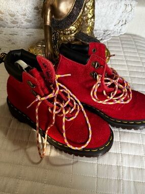 Dr. Martens Red Suede Boots with Multicolor Laces